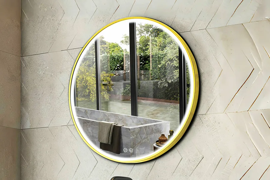 espejo circular con marco dorado y led