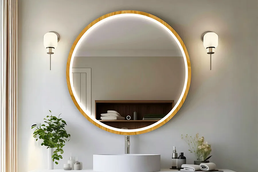 espejo redondo con marco de madera y luces