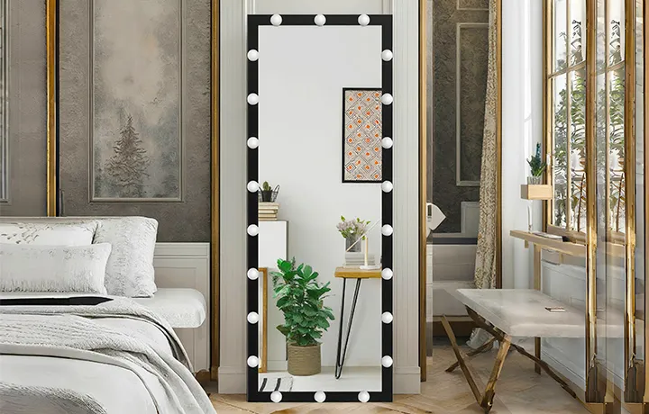 led floor mirror with wood framed