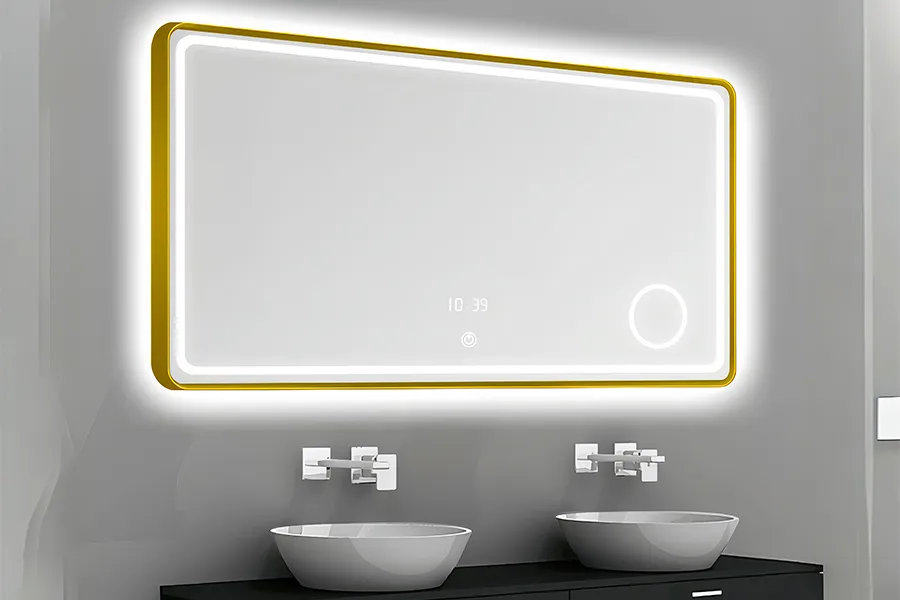 espelho para banheiro com moldura dourada retangular de led
