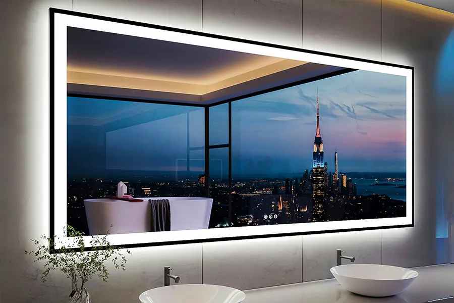 Espelho com moldura preta iluminada para banheiro