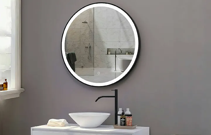 espejo redondo negro con marco led