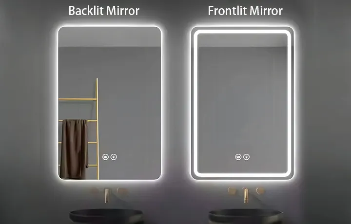 espelho de banheiro com iluminação frontal ou traseira