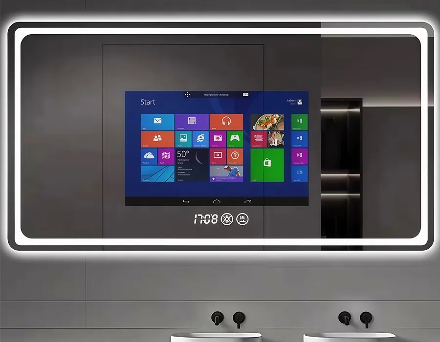 espejo rectangular con tv para baño