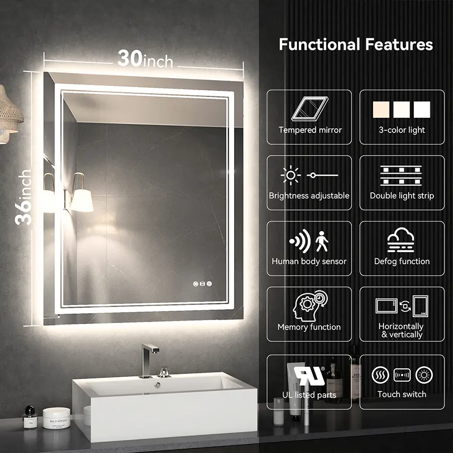 Espelho de banheiro personalizado com função inteligente e luzes