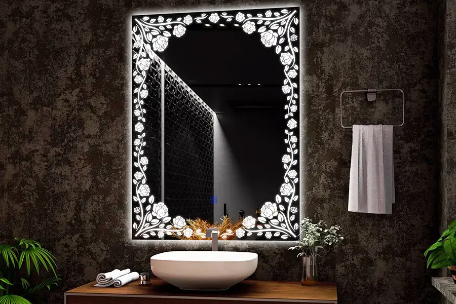Espelho de banheiro retangular com design de gravura