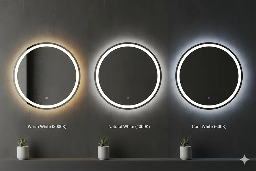 Comparación de las temperaturas de color de los espejos LED: 3000K cálido, 4000K natural y 6000K blanco frío.