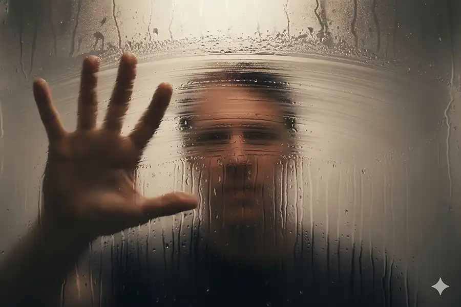 espejo empañado del cuarto de baño de un hotel con la marca de una toallita de mano