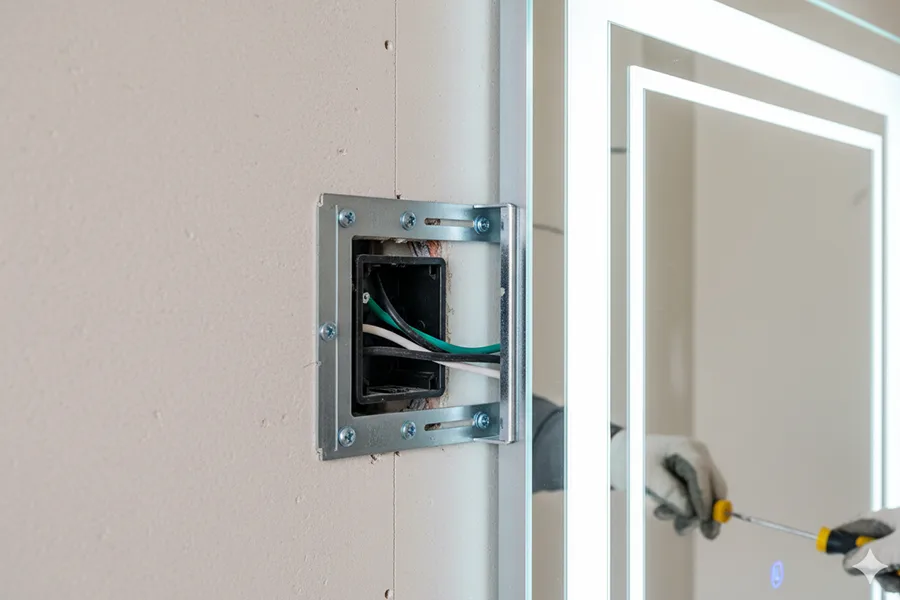 Instalación de espejos LED con cables ocultos y resistente sistema de montaje de barra en Z.