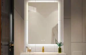 large led backlit mirror in morden bathroom emitting soft ambient light