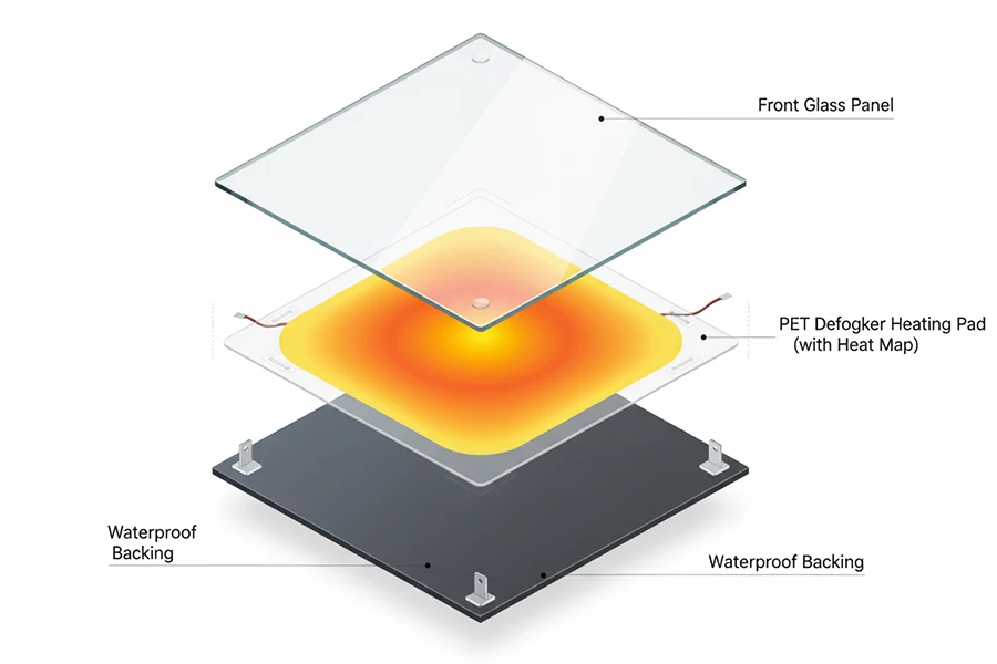 Diagrama que muestra la estructura de la almohadilla antivaho de PET detrás de un espejo antivaho calefactado.