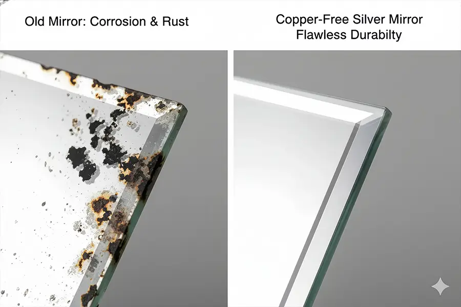 Diferencia entre un espejo estándar corroído con bordes negros y un espejo plateado duradero sin cobre.