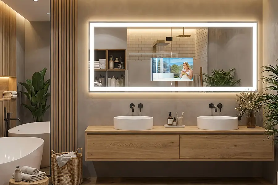 Modern luxury bathroom featuring a Smart LED Mirror with built-in TV screen displaying video content.