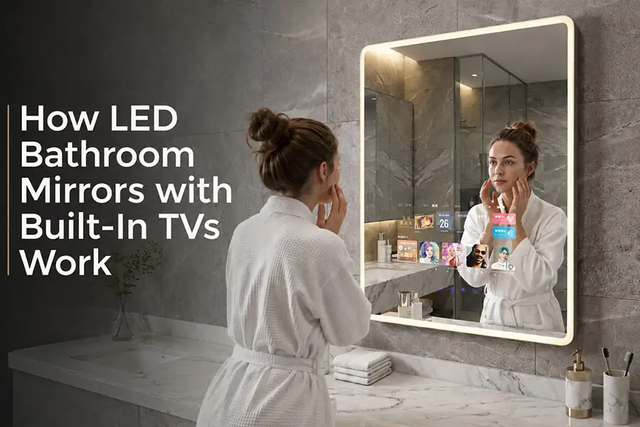 Espelho com TV LED para banheiro, conforme mostrado
