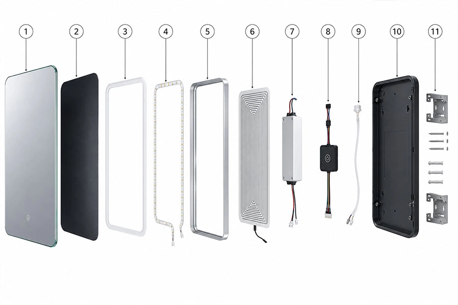 vista esplosa componenti distinta base specchio LED