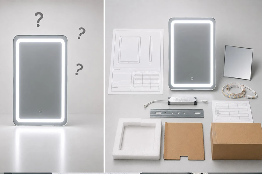 Foto del prodotto confrontata con una scheda tecnica completa dello specchio LED