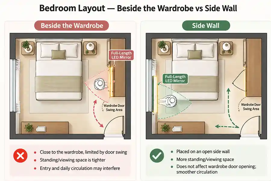 Plan de chambre comparant le placement d'un miroir LED pleine hauteur à côté d'une armoire et sur un mur latéral dégagé.