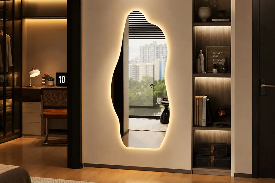 specchio LED da parete a figura intera in soggiorno