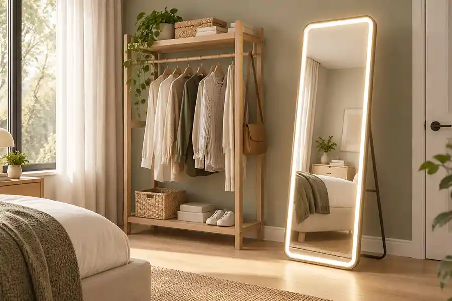 Specchio LED a figura intera posizionato accanto a un armadio in una camera da letto piccola