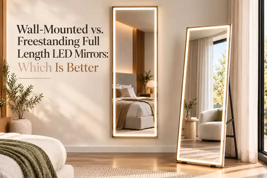 Specchi LED a figura intera da parete e freestanding in una camera da letto moderna